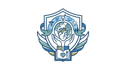 Fototapeta premium Humanitarian Emblem Shield with Heart and Global Icons