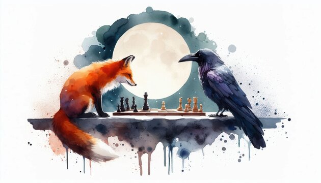 Watercolor depiction of a fox and raven engaging in a chess match under moonlight