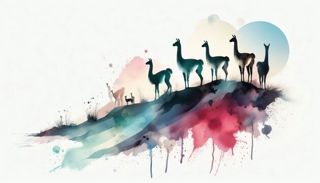Watercolor illustration of guanacos on a ridge against pastel colored sky
