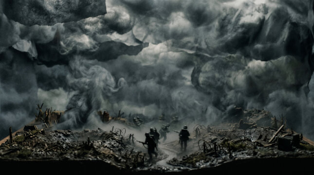 War in the Trenches: Soldiers navigate a desolate battlefield amidst a chaotic storm, evoking the harsh realities and somber mood of wartime.