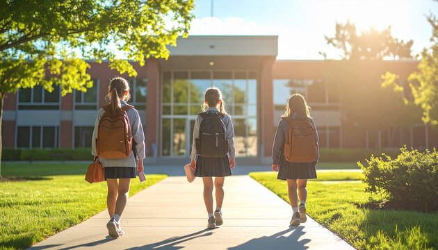 朝日の中リュックを背負い校舎へ向かう三人の女子小学生