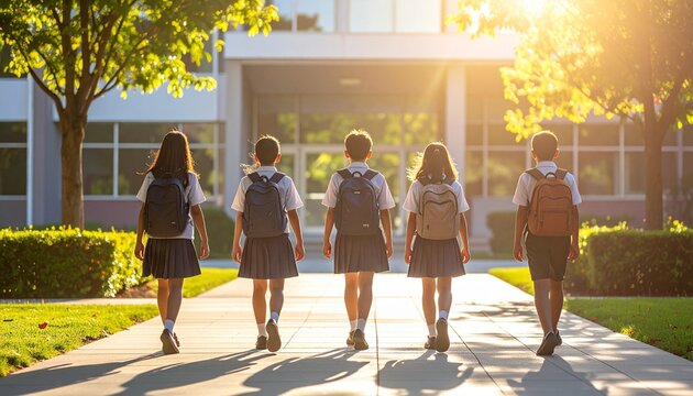 放課後の校舎へ向かうリュックを背負った制服の小学生五人の後ろ姿