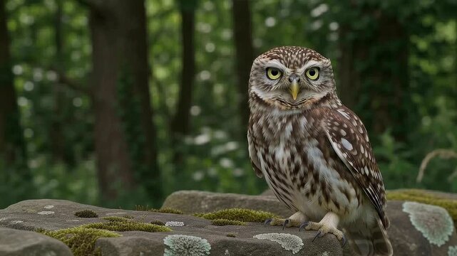 Little owl with yellow eyes perched on a mossy stone wall in the forest