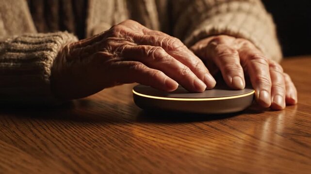 Elderly Hands Using Computer Mouse on Wooden Desk, Close Up