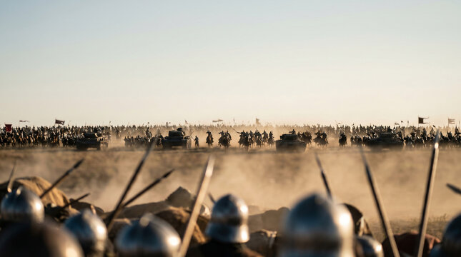 Epic Battle Formation: A vast army stands in formation on a dusty battlefield under a clear sky, ready for an ancient conflict, with spears raised and helmets glinting in the distant sun.