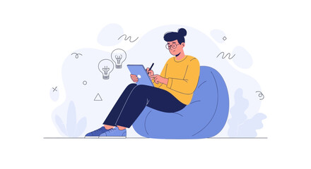 Obraz premium Creative Person Drawing on Tablet in Beanbag Chair, Idea Generation, Modern Flat Illustration Style