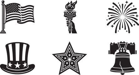 Fototapeta premium USA Patriotic Icon Set: American Flag, Liberty Bell, and Independence Day Symbols