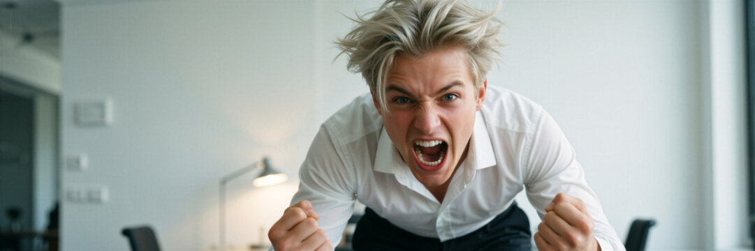 A young man screams in intense rage in a minimalist modern office with a contorted face and wide eyes.