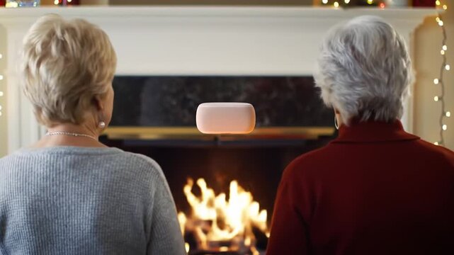 Elderly couple watching a levitating smart speaker by a cozy fireplace with Christmas lights.