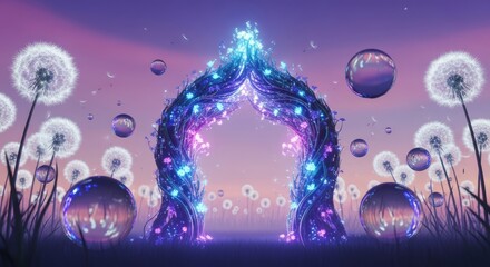 Fototapeta premium An ornate ethereal archway stands amidst towering fluffy dandelions while iridescent satin-textured bubbles float through a misty twilight, iridescent, flowers, giant