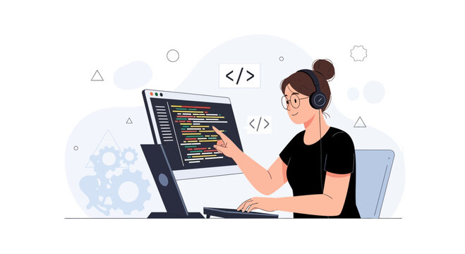 Female programmer in headphones coding on a computer, digital illustration for technology and software development concepts