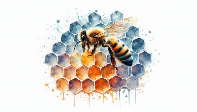 Watercolor honeybee illustration with comb cells exhibiting delicate craftsmanship and transparent wings, 1310680666