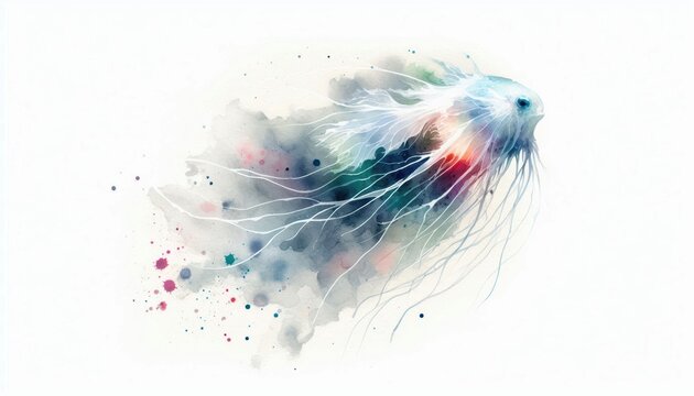 Ethereal watercolor lanternfish with luminous glow and vibrant, loose splashes