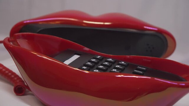 close up of a red phone, red lips art pop design 