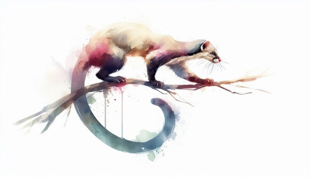 Watercolor depiction of a lithe fossa gracefully stretching along a slender tree limb