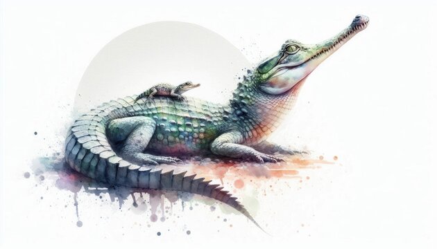Watercolor Illustration of a Gharial with Baby Hatchling Basking on its Osteoderms, a depiction of parenthood