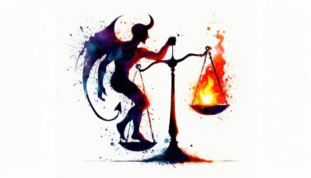 Watercolor Devil Silhouette Balancing Scales of Justice with Fiery Ember, Symbolic of Temptation