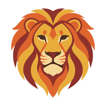 Stylized lion head with flowing mane and symmetrical facial features in bold flat colors isolated on a white background, minimal animal design concept