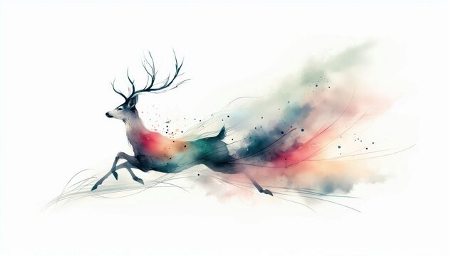 Watercolor artwork of a deer bounding in a spectral manner, artistic freedom expressed through soft motion gradients