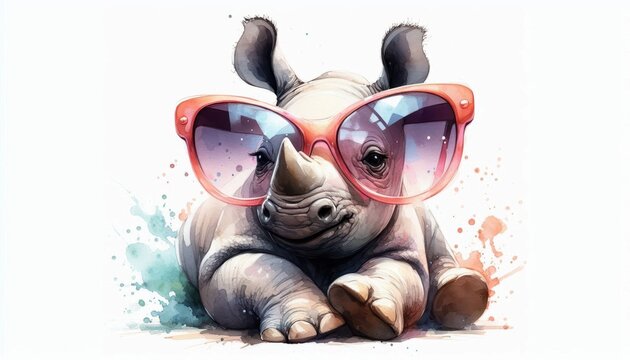Whimsical Watercolor Illustration of a Baby Rhino with Oversized Sunglasses