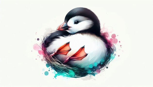 Watercolor Illustration of a Tender Little Auk Nestled Comfortably and Securely