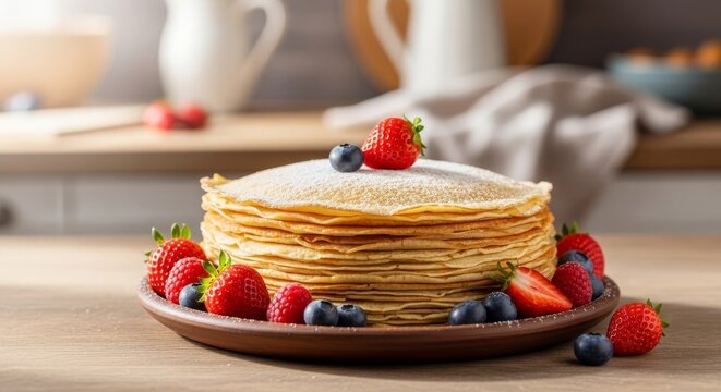 Golden thin crepes stacked on a ceramic plate in a warm rustic kitchen with soft morning light, fresh berries, and a dusting of sugar, powdered, blurred background, ceramic