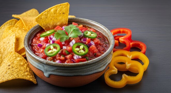 Gourmet tomato salsa presented in a handcrafted pottery bowl with rustic chips, fresh cilantro leaves, and sliced peppers on dark wood, healthy, rustic, vegetable