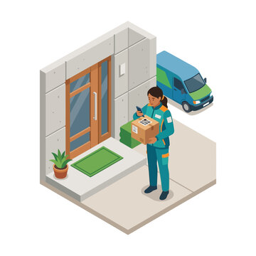 Isometric Courier Scanning Package QR Code at Home Entrance
