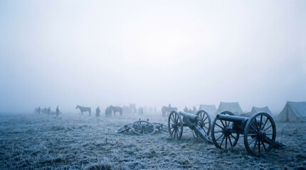Fototapeta premium A Frozen Battlefield: Two cannons stand ready on a frosty field, shrouded in mist. In the distance, soldiers and horses huddle near tents, evoking a sense of a historic, cold encampment.