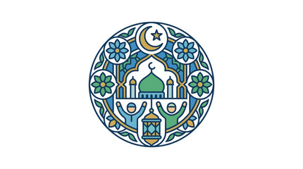 Fototapeta premium Ramadan Kareem Celebration Emblem with Mosque and Lantern