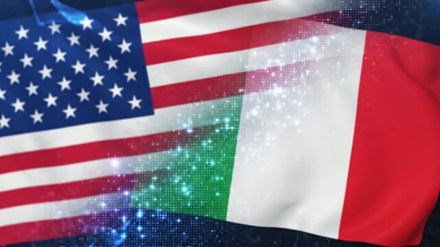 Usa and italy flags waving together with digital particle effects and glowing light background international