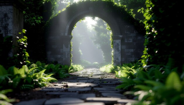 Ancient Stone Archway Covered in Greenery.