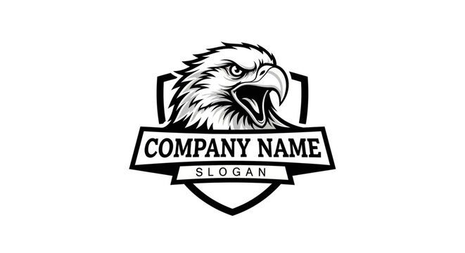 A fierce eagle head illustration on a shield with company name and slogan