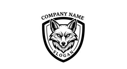 Obraz premium A black and white illustration of a fox's face in a shield with company name and slogan.
