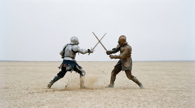 Duel in the Desert: Two knights in full armor engage in a fierce sword fight on a desolate desert plain under a vast, featureless sky.