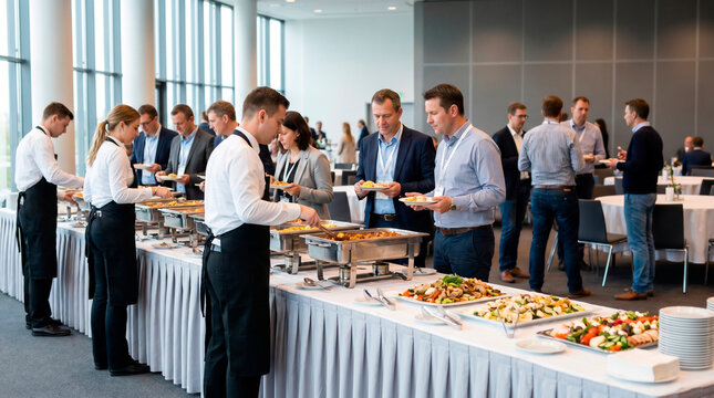 Buffet service for business conferences with a variety of food options for participants.