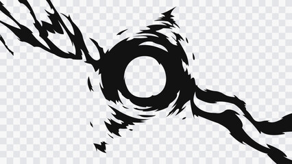 Abstract anime-style energy vortex effect with swirling black ink flames and circular portal shape isolated on transparent background. © Oleg