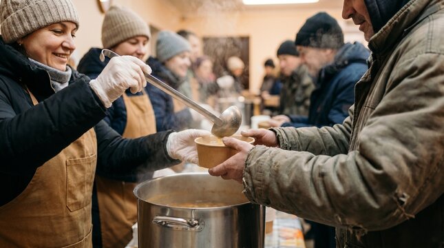 Volunteers serve hot soup to people in need at a community kitchen