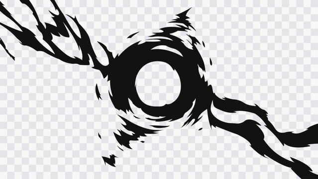 Abstract anime-style energy vortex effect with swirling black ink flames and circular portal shape isolated on transparent background.