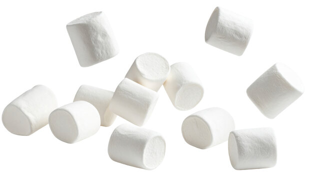 Falling White Marshmallows Isolated on Pure White Background