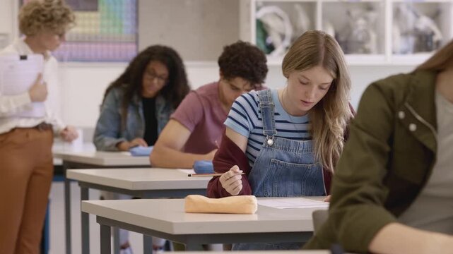 Female teacher observes students during exam at high school