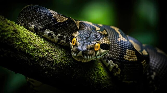 Ominous Serpent in Verdant Jungle: A large serpent with striking yellow eyes and a patterned skin coils around a moss-covered branch, its gaze fixed forward amidst the lush.