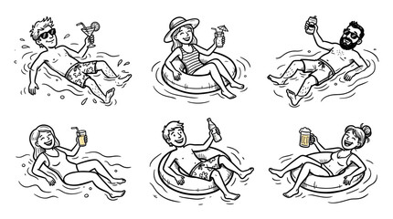 Obraz premium People Relaxing and Drinking in Inflatable Tubes on Water
