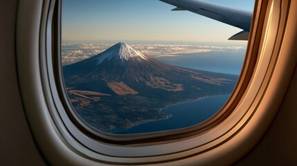 Naklejka premium View of Mount Fuji from an airplane window during a beautiful sunrise