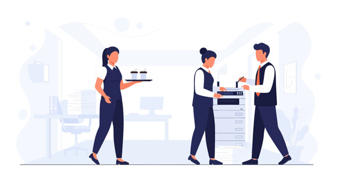 Office workers interacting with a copier and a server bringing coffee, modern flat design illustration.
