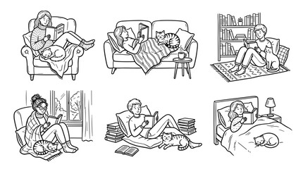 Obraz premium People Reading Books With Cats Cozy Home Scenes