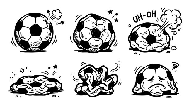 Soccer ball deflating and losing shape in stages with funny expressions