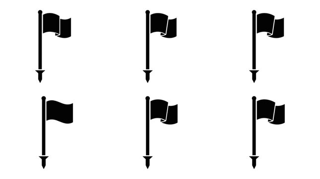 Set of six black flag icons on poles with wavy flags against a white background