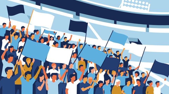 Crowd of cheering fans waving flags in a stadium supporting their team