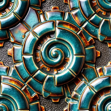 Seamless pattern of intricate green and bronze mechanical gears, steampunk abstract tech background